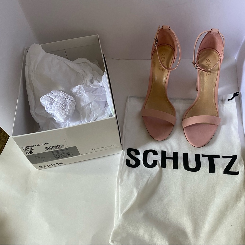 Schutz Forby Rose Tan pink suede open toe sandal heels with ankle closure 8